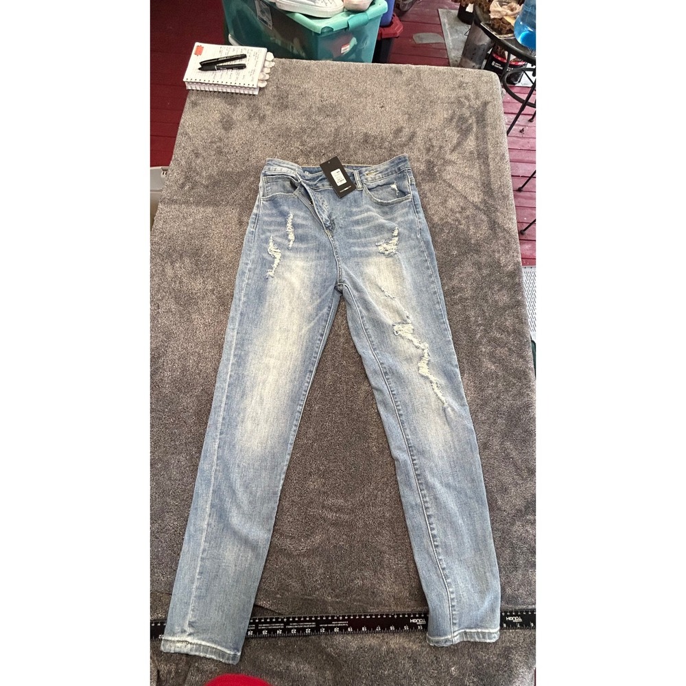 Fashion Nova Mid Rise Distressed Crossover Jeans Medium Wash 13
